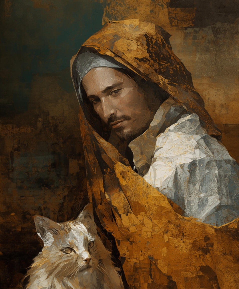 "Fragments of Shadows" A young man with an intense gaze, depicted in a semi-realistic watercolor style, with hair in shades of black, brown, and gold. Surrounded by a haze of blurred color patches resembling smoke and spilled paint, giving the piece a dreamy yet slightly dark at