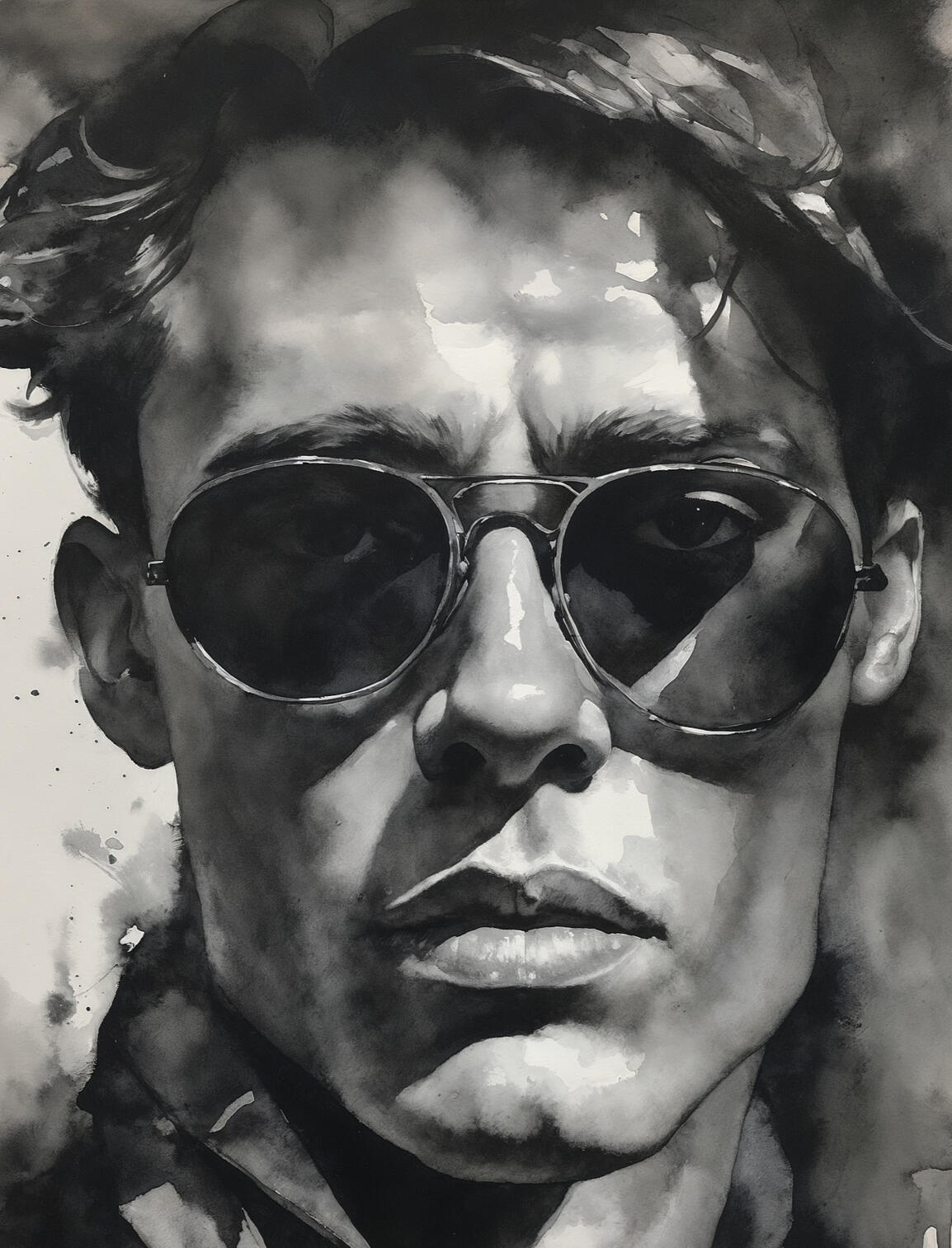 "Fragments of Shadows" A young man with an intense gaze, depicted in a semi-realistic watercolor style, with hair in shades of black, brown, and gold. Surrounded by a haze of blurred color patches resembling smoke and spilled paint, giving the piece a dreamy yet slightly dark at